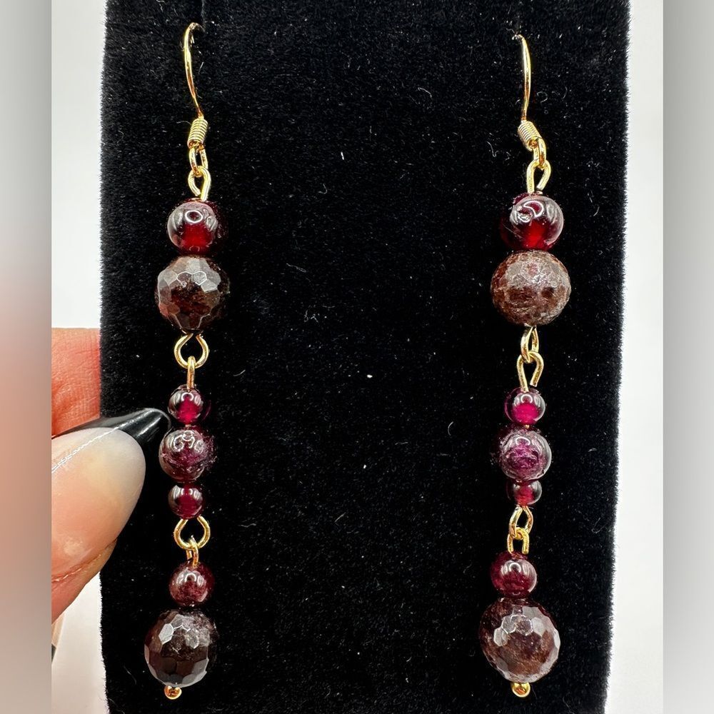 3" all garnet beads with gold tone metal and 925 stamped hooks, dangle earrings!